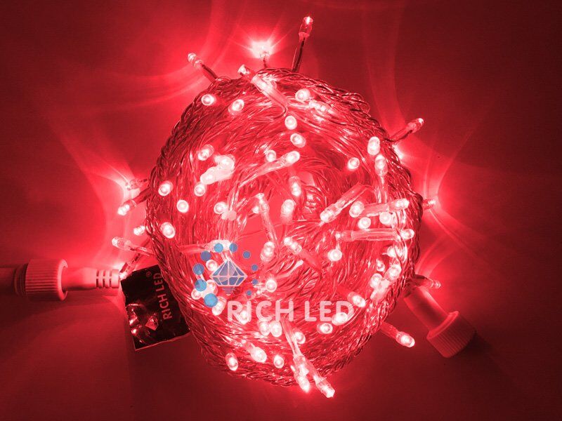 Светодиодная нить Rich LED 10 м, 220V, статика, IP54, прозрачный пр., красный (арт.RL-S10C-220V-T/R)