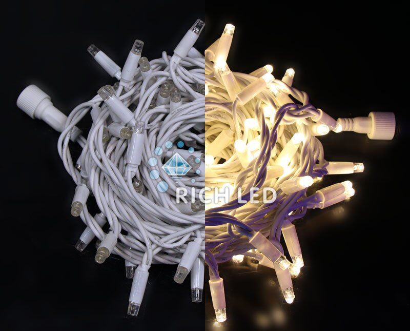 Светодиодная нить Rich LED 10 м, 24В, статика, цветная резина, IP65, герметич. колпачок, теплый белый (арт.RL-S10C-24V-R