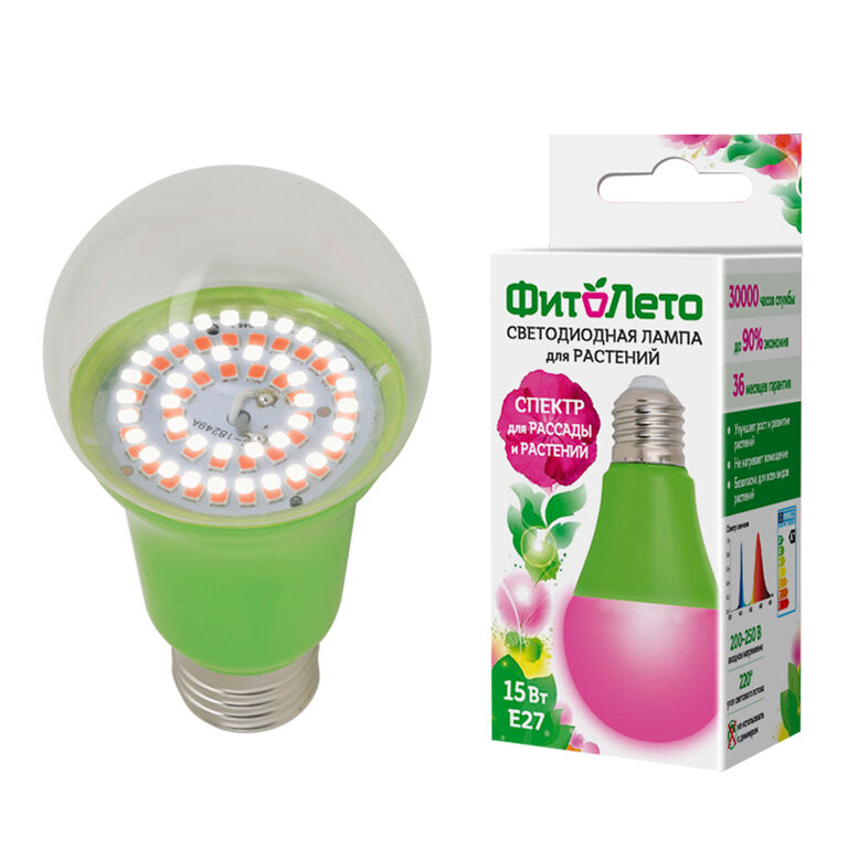 Лампа светодиодная для растений. Форма "A", прозрачная. Спектр для рассады и цветения. LED-A60-15W/SPSB/E27/CL PLP30GR