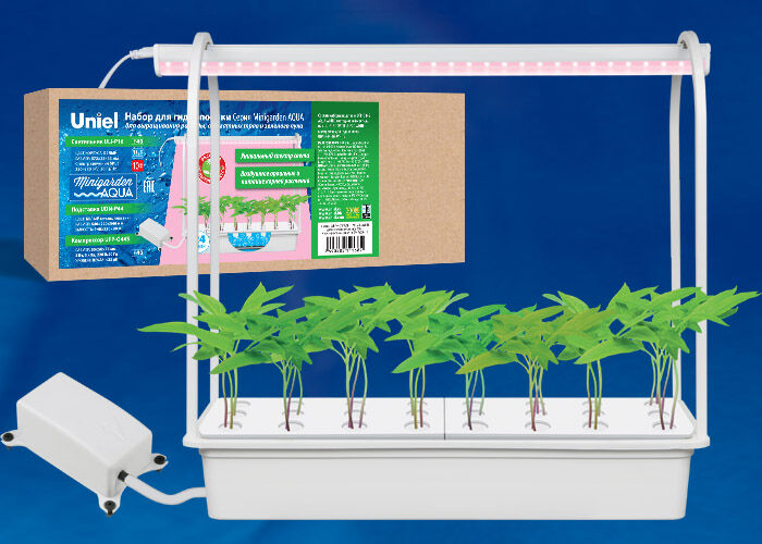 Набор для гидропоники "Минисад AQUA", светильник для растений светодиодный. TM Uniel ULT-P44C-10W/SPLE IP20 AQUA WHITE
