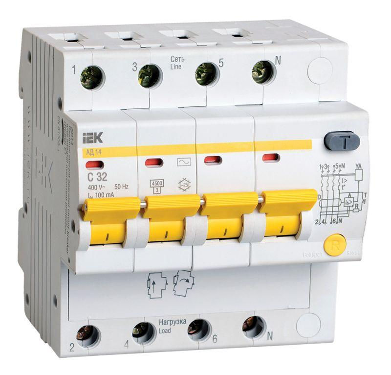 IEK Выключатель автоматический дифференциального тока 4п C 32А 100мА тип AC 4.5кА АД-14 IEK MAD10-4-032-C-100