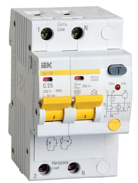 IEK Выключатель автоматический дифференциального тока 2п C 25А 30мА тип A 4.5кА АД-12М IEK MAD12-2-025-C-030