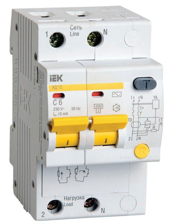 IEK Выключатель автоматический дифференциального тока 2п C 6А 10мА тип AC 4.5кА АД-12 IEK MAD10-2-006-C-010