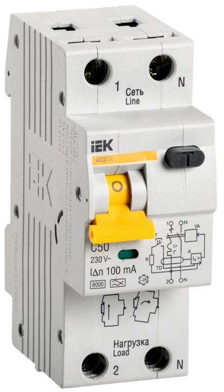 IEK Выключатель автоматический дифференциального тока 2п (1P+N) C 50А 100мА тип A 6кА АВДТ-32 IEK MAD22-5-050-C-100
