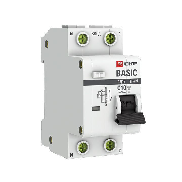 EKF Выключатель автоматический дифференциального тока 1п+N C 10А 30мА тип AC 4.5кА АД-12 Basic EKF DA12-10-30-bas