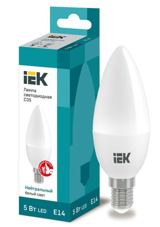 IEK Лампа светодиодная Eco 5Вт C35 свеча 4000К нейтр. бел. E14 450лм 230-240В IEK LLE-C35-5-230-40-E14