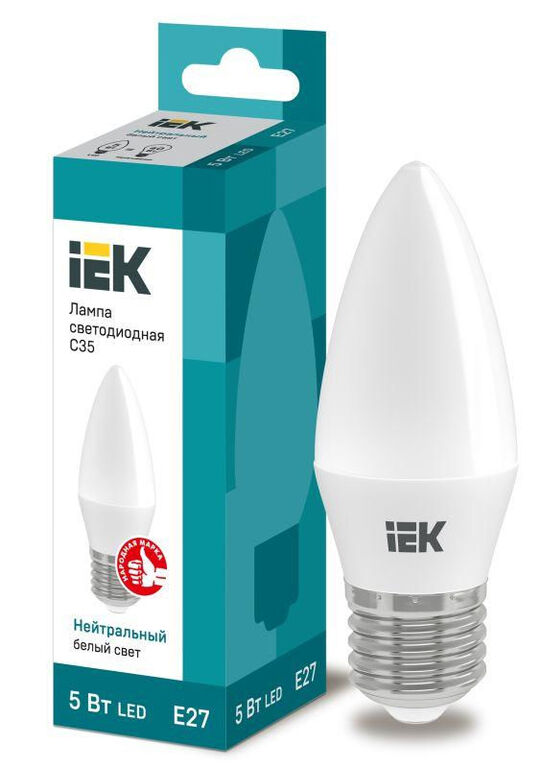 IEK Лампа светодиодная Eco 5Вт C35 свеча 4000К нейтр. бел. E27 450лм 230-240В IEK LLE-C35-5-230-40-E27