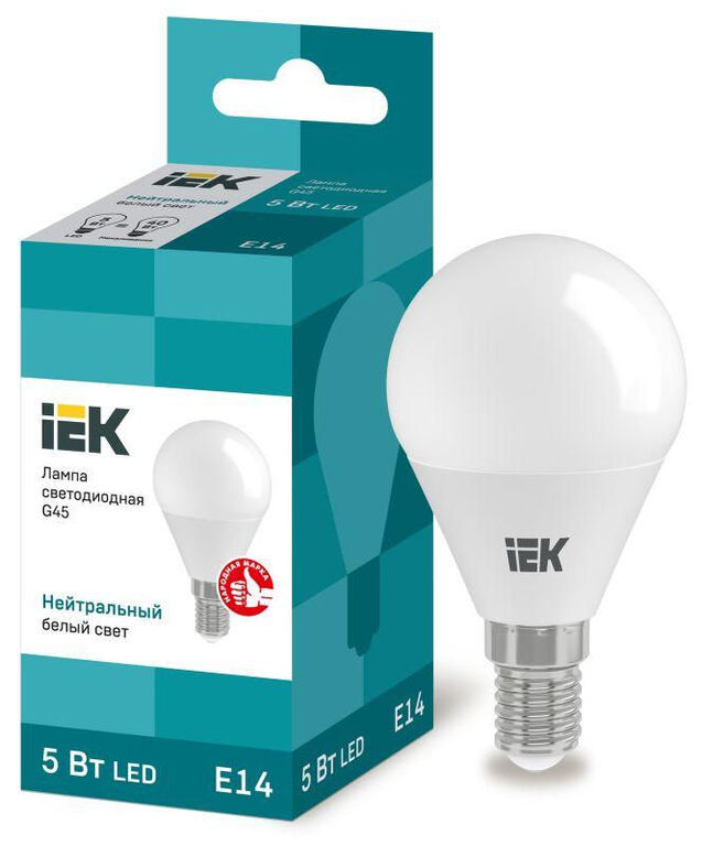 IEK Лампа светодиодная Eco G45 5Вт шар 4000К нейтр. бел. E14 450лм 230-240В IEK LLE-G45-5-230-40-E14
