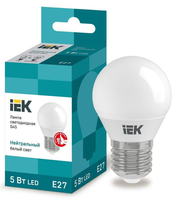 IEK Лампа светодиодная Eco G45 5Вт шар 4000К нейтр. бел. E27 450лм 230-240В IEK LLE-G45-5-230-40-E27