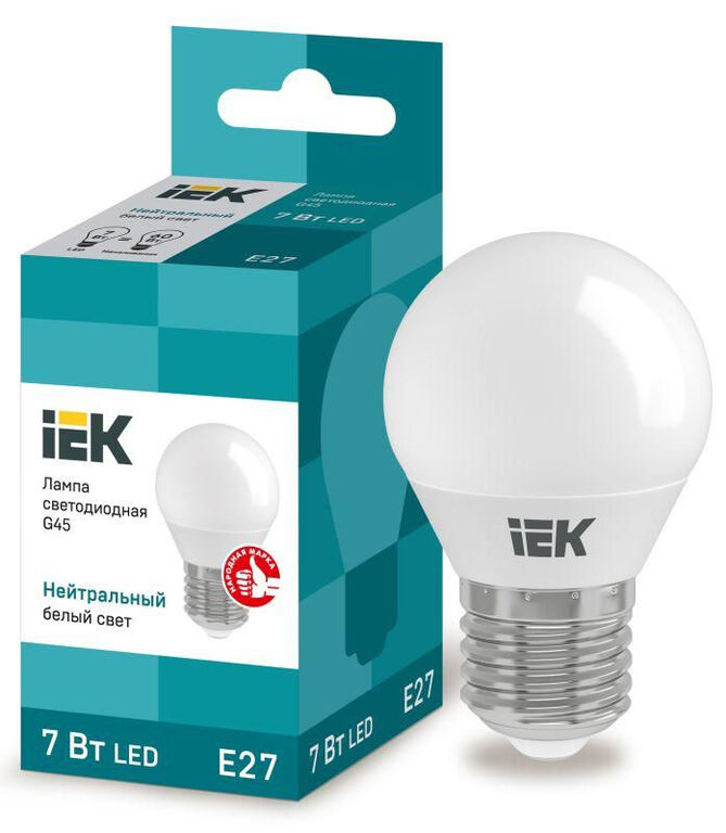 IEK Лампа светодиодная Eco G45 7Вт шар 4000К нейтр. бел. E27 630лм 230-240В IEK LLE-G45-7-230-40-E27
