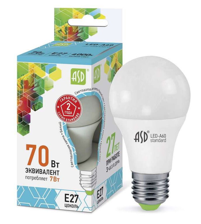 ASD Лампа светодиодная LED-A60-standard 7Вт грушевидная 4000К нейтр. бел. E27 630лм 160-260В ASD 4690612001678