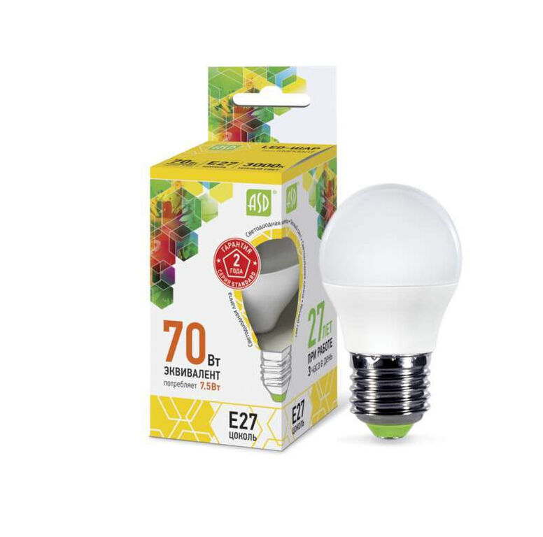 ASD Лампа светодиодная LED-шар-standard 7.5Вт шар 3000К тепл. бел. E27 675лм 160-260В ASD 4690612003986