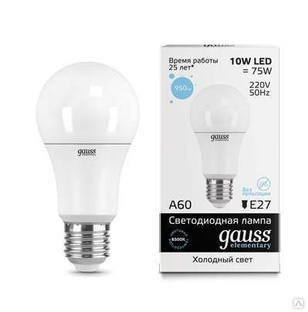 GAUSS Лампа светодиодная Elementary 10Вт A60 грушевидная 6500К холод. бел. E27 950лм GAUSS 23230 