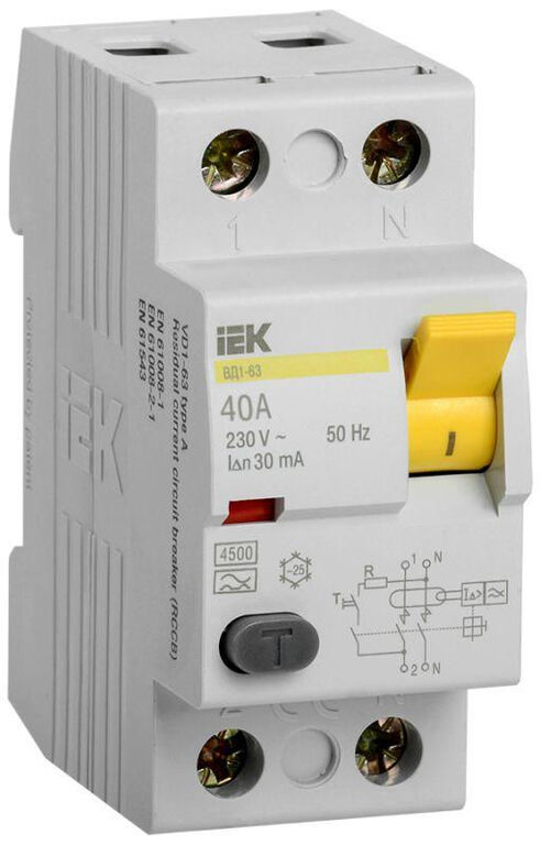 IEK Выключатель дифференциального тока (УЗО) 2п 40А 30мА тип AC ВД1-63 IEK MDV10-2-040-030