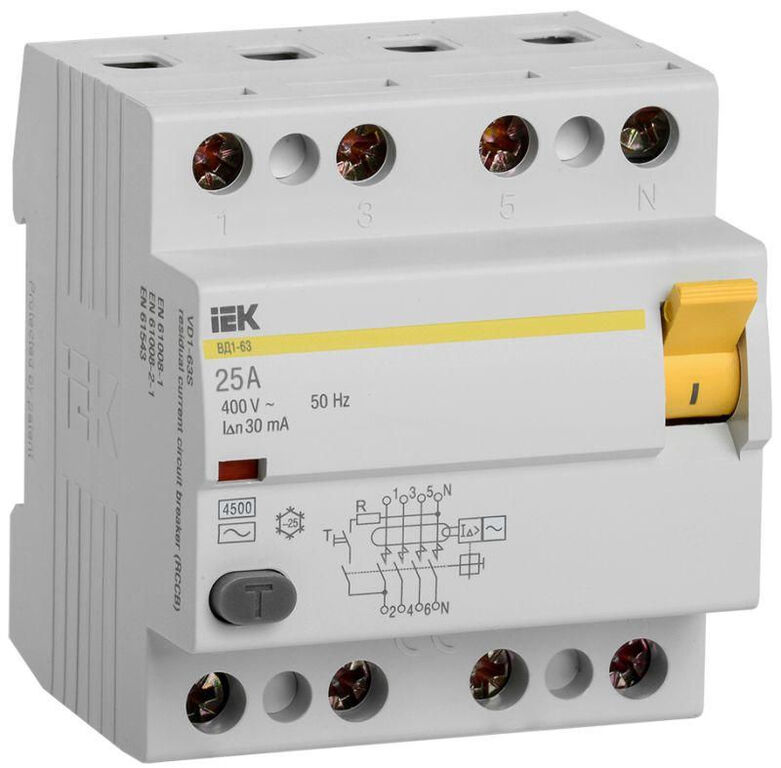 IEK Выключатель дифференциального тока (УЗО) 4п 25А 30мА тип AC ВД1-63 IEK MDV10-4-025-030