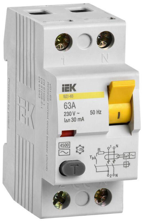 IEK Выключатель дифференциального тока (УЗО) 2п 63А 30мА тип AC ВД1-63 IEK MDV10-2-063-030