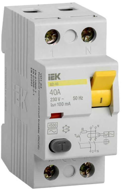 IEK Выключатель дифференциального тока (УЗО) 2п 40А 100мА тип AC ВД1-63 IEK MDV10-2-040-100