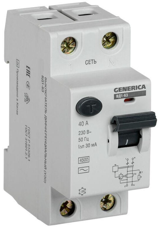 IEK Выключатель дифференциального тока (УЗО) 2п 40А 30мА тип AC ВД1-63 GENERICA IEK MDV15-2-040-030