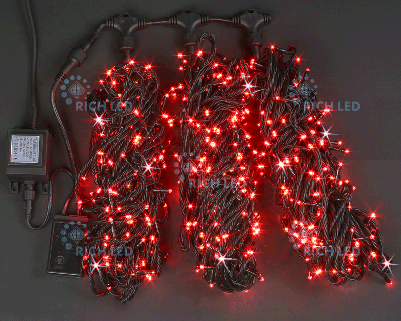 Светодиодная гирлянда Rich LED 3 Нити по 20 м, 600 LED, 24 В, красная, мерцающая, черный провод, RICH LED