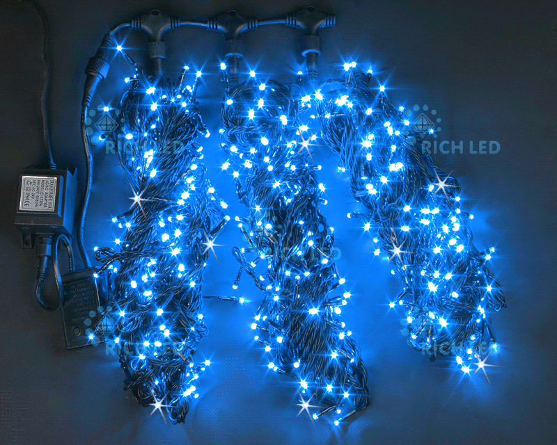Светодиодная гирлянда Rich LED 3 Нити по 20 м, 600 LED, 24 В, синяя, мерцающая, черный провод, RICH LED