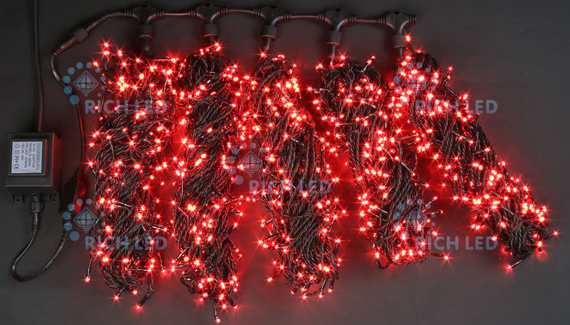 Светодиодная гирлянда Rich LED 5 Нитей по 20 м, 1000 LED, 24 В, красная, черный провод, RICH LED