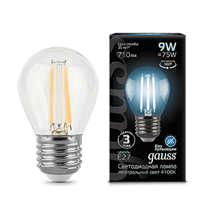 Лампа светодиодная филаментная Filament 9 Вт шар 4100К нейтральный цвет белый E27 710 лм GAUSS 105802209