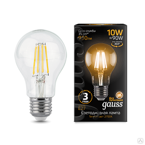 Лампа светодиодная филаментная Filament 10 Вт A60 2700К теплый цвет белый E27 930 лм GAUSS 102802110 