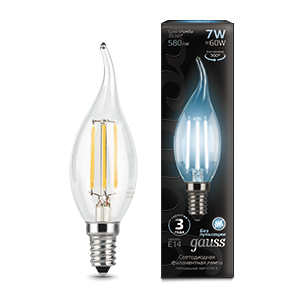Лампа светодиодная филаментная Filament 7 Вт свеча на ветру 4100К нейтральный цвет белый E14 580 лм GAUSS 104801207