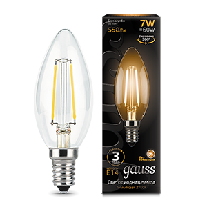 Лампа светодиодная филаментная Filament 7 Вт свеча 2700К теплый цвет белый E14 550 лм GAUSS 103801107