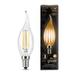 Лампа светодиодная филаментная Filament 11Вт свеча на ветру 2700К тепл. бел. E14 810лм GAUSS 104801111