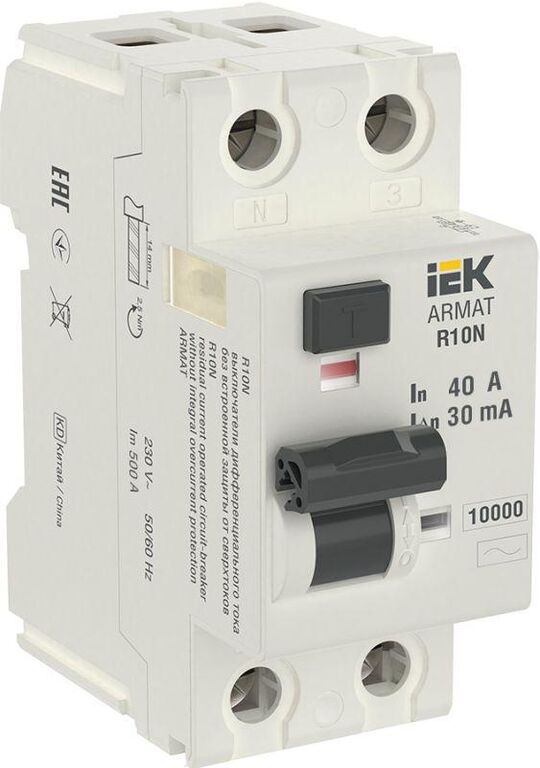 Выключатель дифференциального тока (УЗО) 2п 40 А 30мА тип AC ВДТ R10N ARMAT IEK AR-R10N-2-040C030