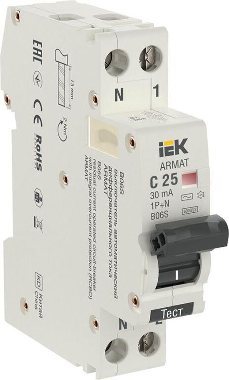 Выключатель автоматический дифференциального тока 2п (1P+N) C 25А 30мА тип AC АВДТ B06S 18мм ARMAT IEK AR-B06S-1N-C25C03