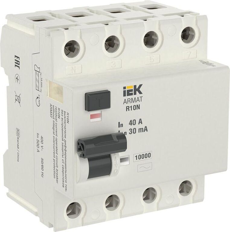Выключатель дифференциального тока (УЗО) 4п 40 А 30мА тип AC ВДТ R10N ARMAT IEK AR-R10N-4-040C030