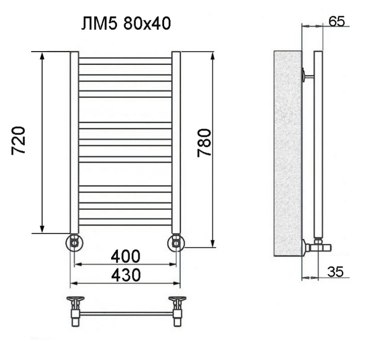 Ника ЛМ-5 80/40 с вентилями водяной полотенцесушитель шириной 410 - 500 мм
