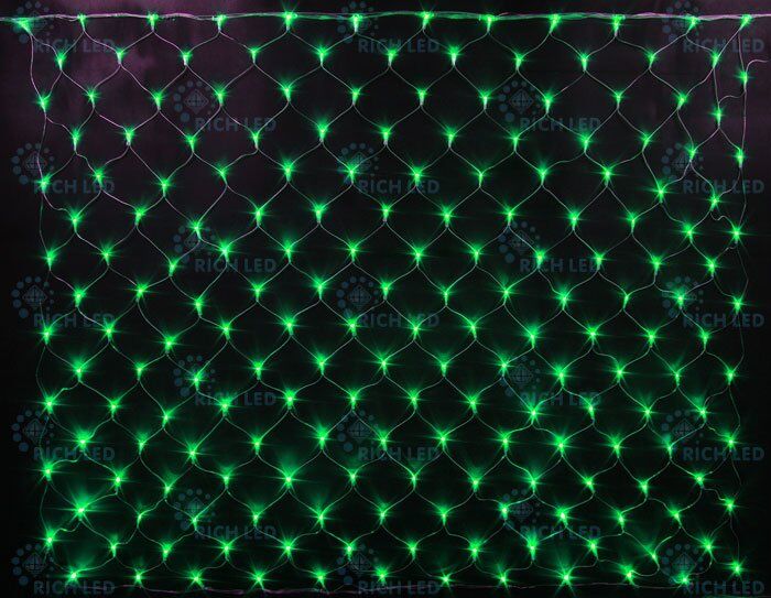 Светодиодная сетка Rich LED 2х1,5м, IP54, прозрачный пр., зеленый (арт.RL-N2*1.5-T/G)