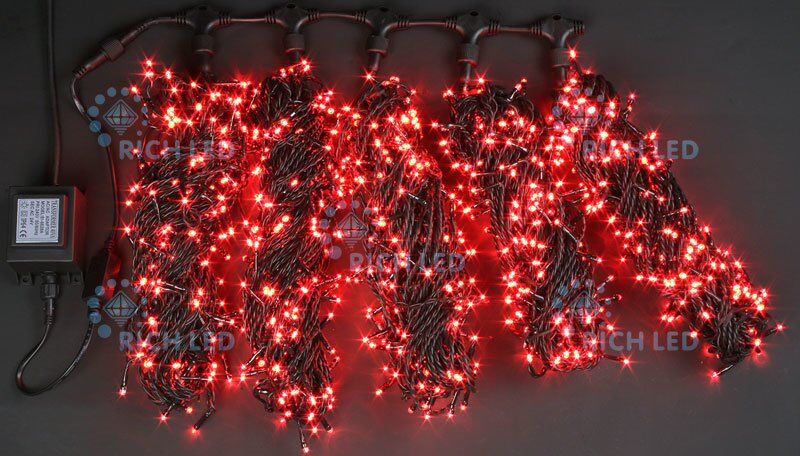 Комплект гирлянды на дерево Rich LED 5 Нитей по 20 м, 1000 led, статика, черный пр., красный (арт.RL-S5*20-B/R)