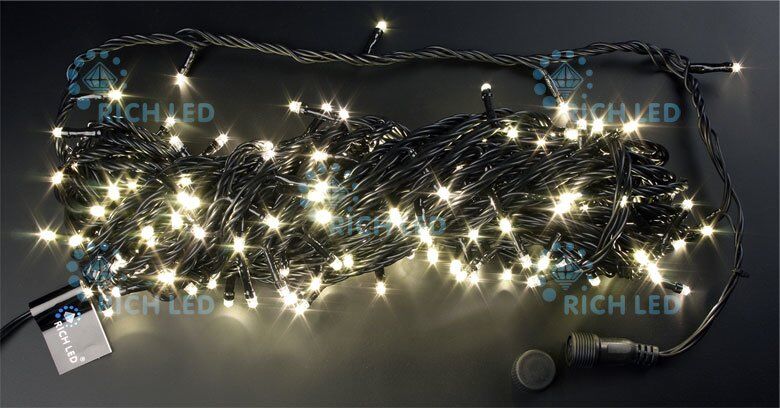 Светодиодная нить Rich LED 20 м с контроллером, 220 V, IP54, черный пр. , теплый белый (арт.RL-T20C2-B/WW)