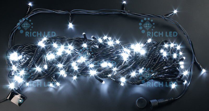 Светодиодная нить Rich LED 20 м с контроллером, 220 V, IP54, черный пр. , белый (арт.RL-T20C2-B/W)