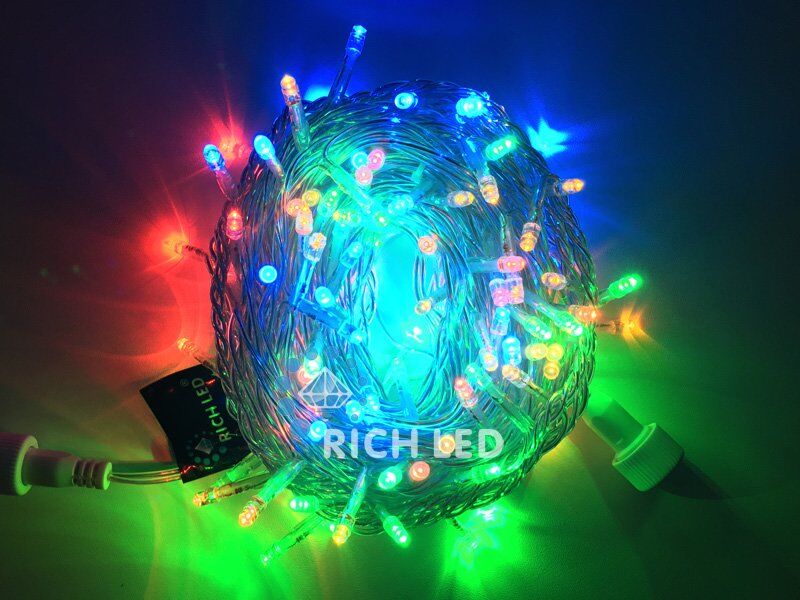 Светодиодная нить Rich LED 10 м, 220V, статика, IP54, прозрачный пр., мульти (арт.RL-S10C-220V-T/M)