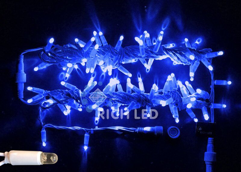 Светодиодная нить Rich LED 10 м, 220В, мерцание, герметич. колпачок, IP65, белый пр., синий (арт.RL-S10CF-220V-CW/B)