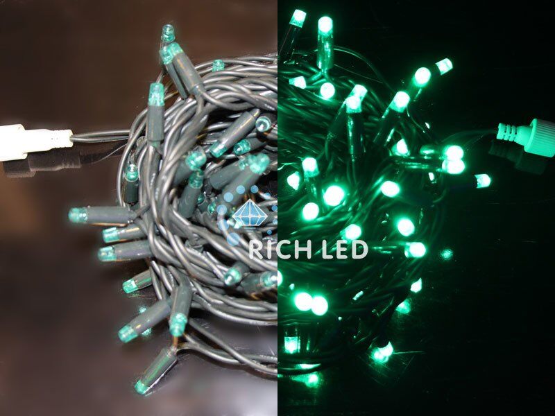 Светодиодная нить Rich LED 10 м, 24В, статика, цветная резина, IP65, герметич. колпачок, зеленый (арт.RL-S10C-24V-RG/G)