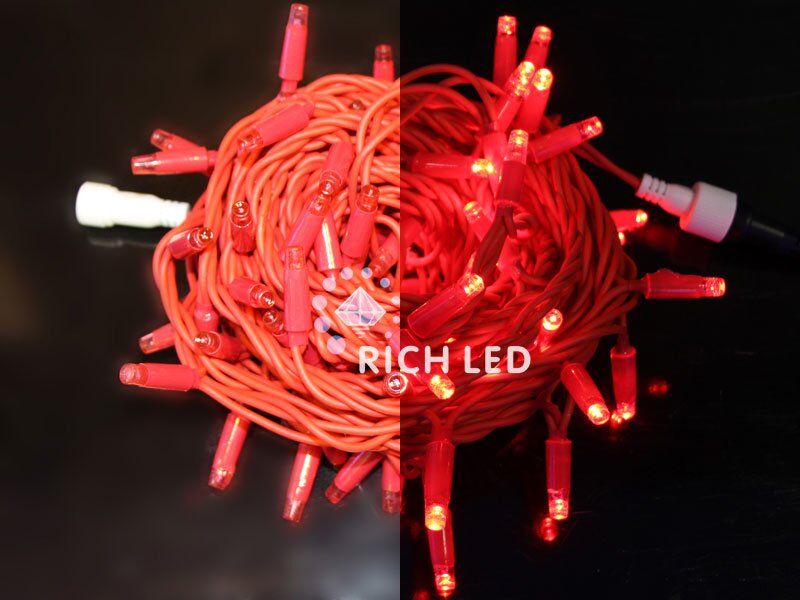 Светодиодная нить Rich LED 10 м, 24В, статика, цветная резина, IP65, герметич. колпачок, красный (арт.RL-S10C-24V-RR/R)