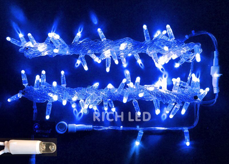 Светодиодная нить Rich LED 10 м, 220В, статика, герметич. колпачок, IP65, прозрач.пр., синий (арт. RL-S10C-220V-CT/B)