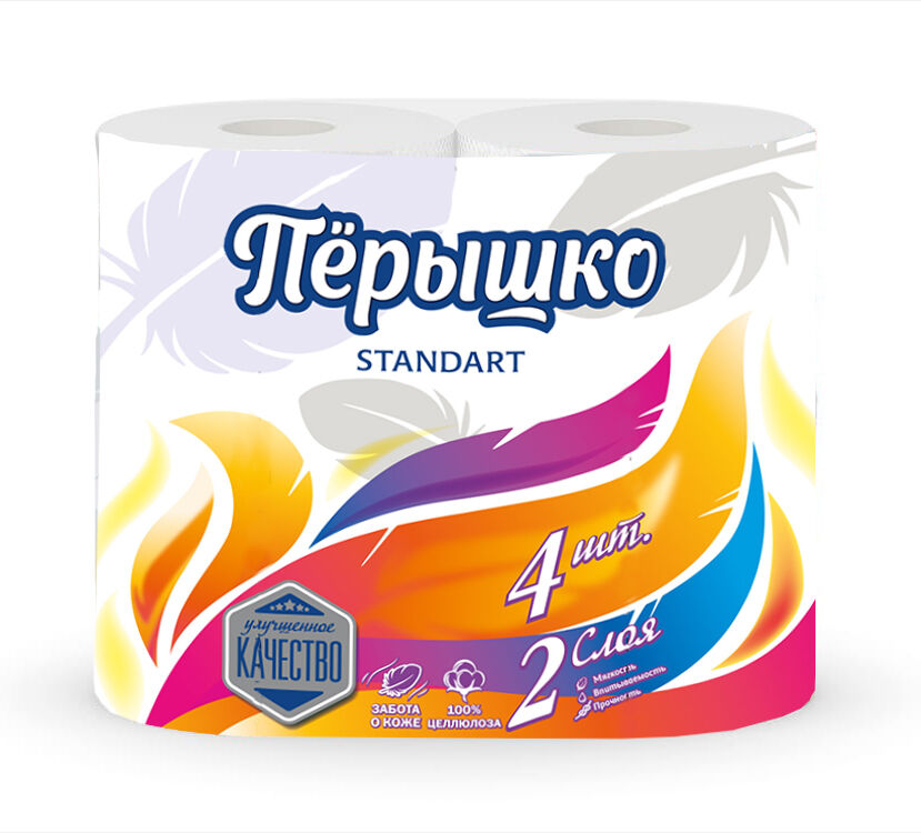 Бумага туалетная Перышко Standart двухслойные 4 рулона, 12 в тр.уп., белый цвет