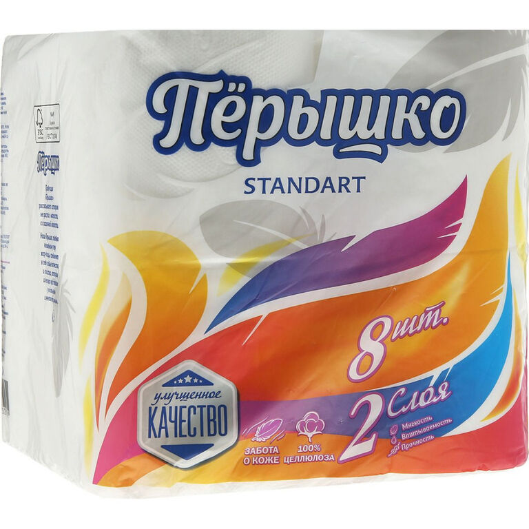 Бумага туалетная Перышко Standart двухслойные 8 рулонов, 8 в тр.уп., белый цвет